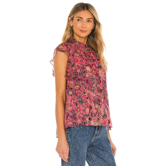 A.L.C. Hayley Pink Floral Metallic Short Flutter Sleeve Silk Top - Picture 2 of 12